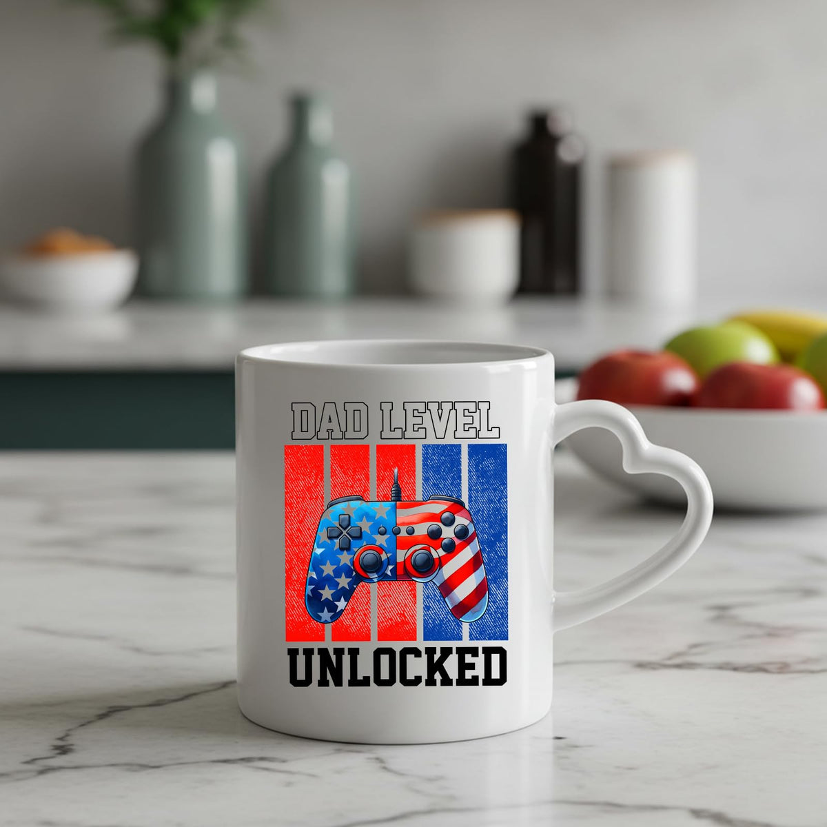 Dad Level Unlocked heart-handle mug on a marble counter with fruit
