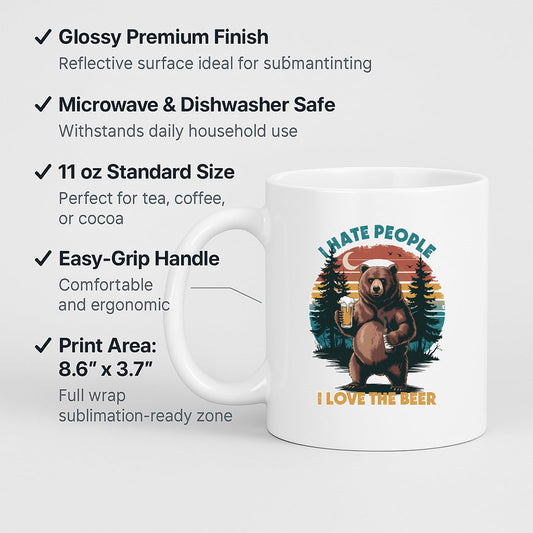 White mug with labels for 11oz size, glossy finish, easy-grip handle and print area