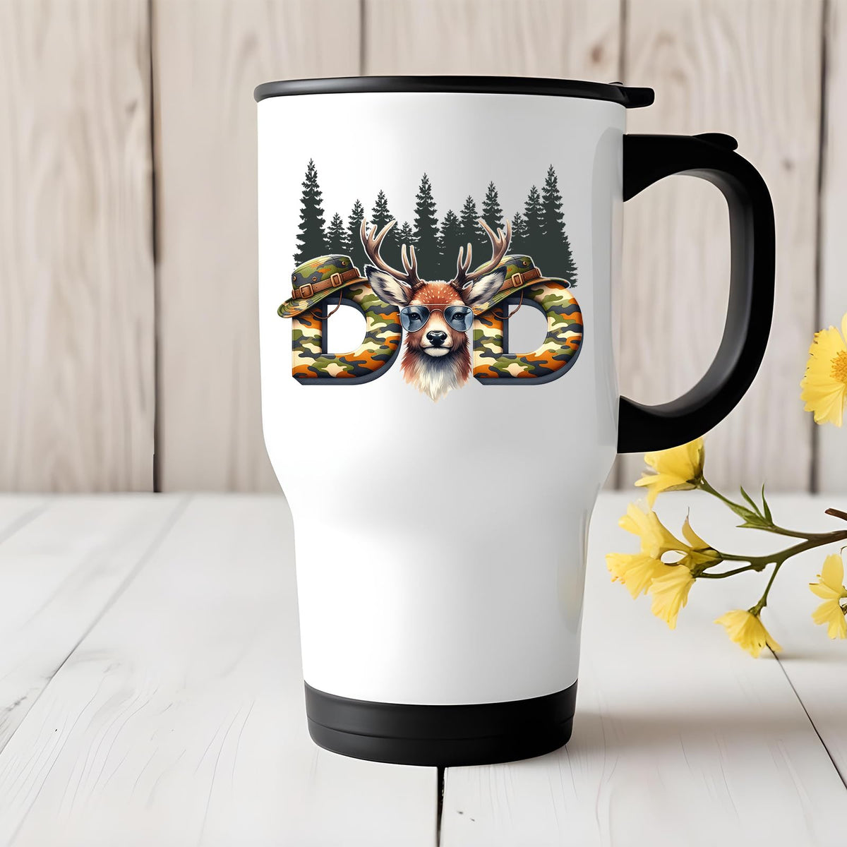 Hunting Dad deer travel mug on a white wooden table with yellow flowers