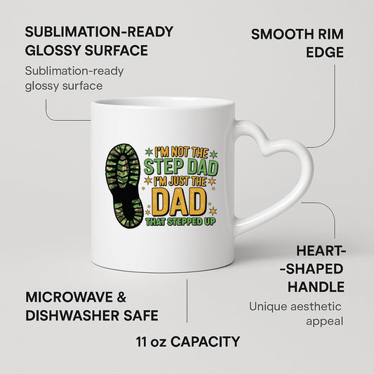 Heart-handle mug with labels for 11oz capacity, glossy surface and heart-shaped handle