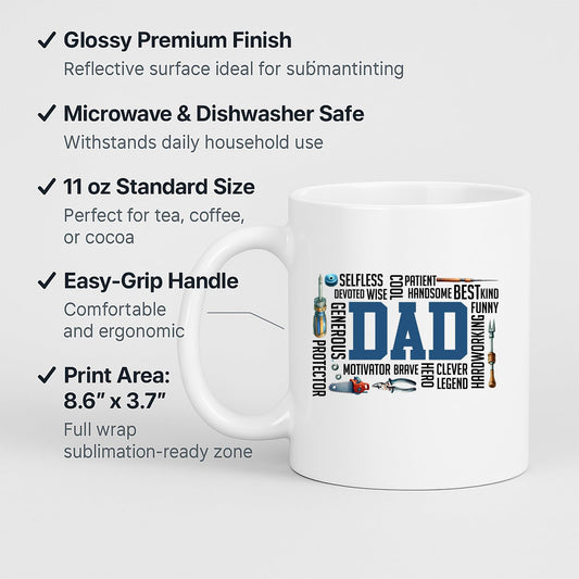 White mug with labels for 11oz size, glossy finish, easy-grip handle and print area