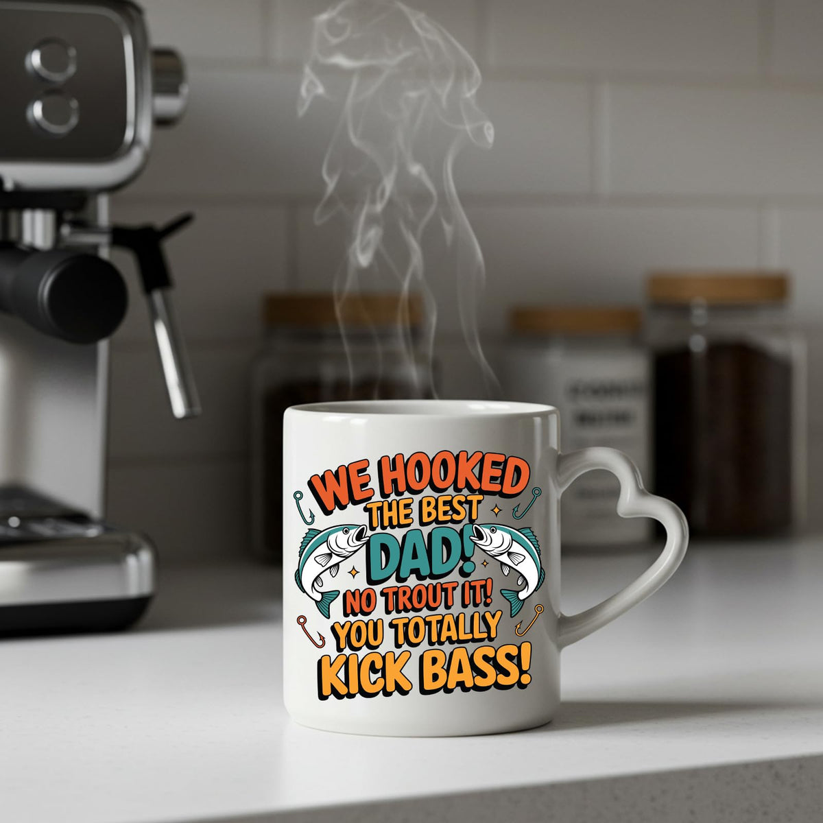 Steaming We Hooked the Best Dad heart-handle mug on a kitchen counter