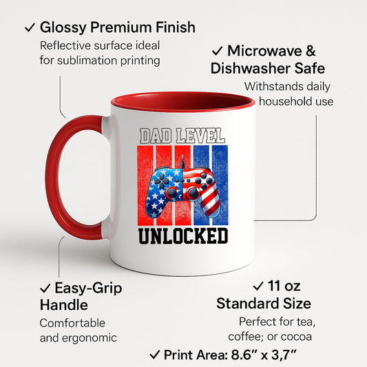 Colour handle mug with labels for 11oz size, glossy finish and easy-grip handle