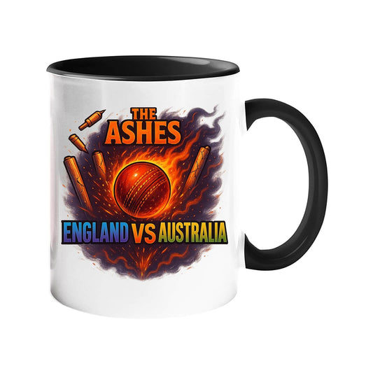 Ashes cricket mug with a black handle and inside