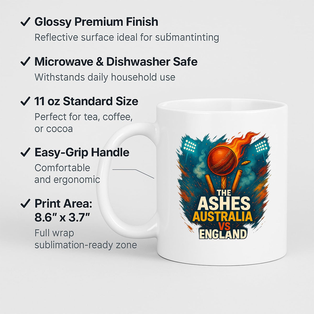 Ashes cricket mug with labels for 11oz size and C-handle