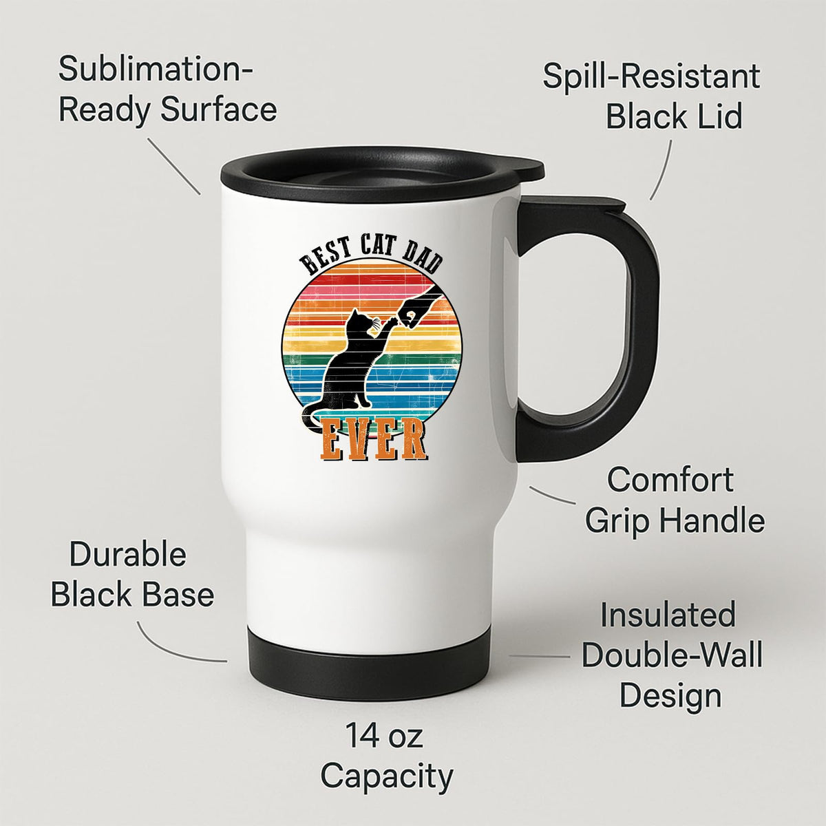 Travel mug with labels for spill-resistant lid, insulated double wall and 14oz capacity