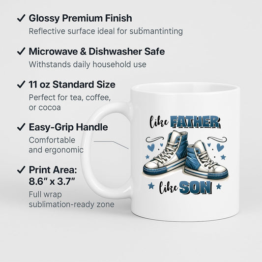 White mug with labels for 11oz size, glossy finish, easy-grip handle and print area