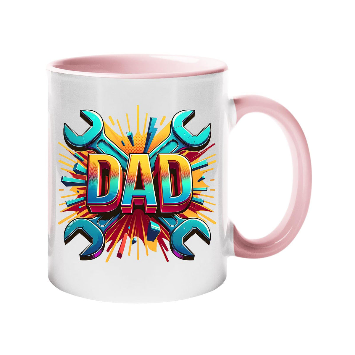 Colour handle mug with a comic-style “DAD” on a burst of crossed spanners – light pink handle and inside