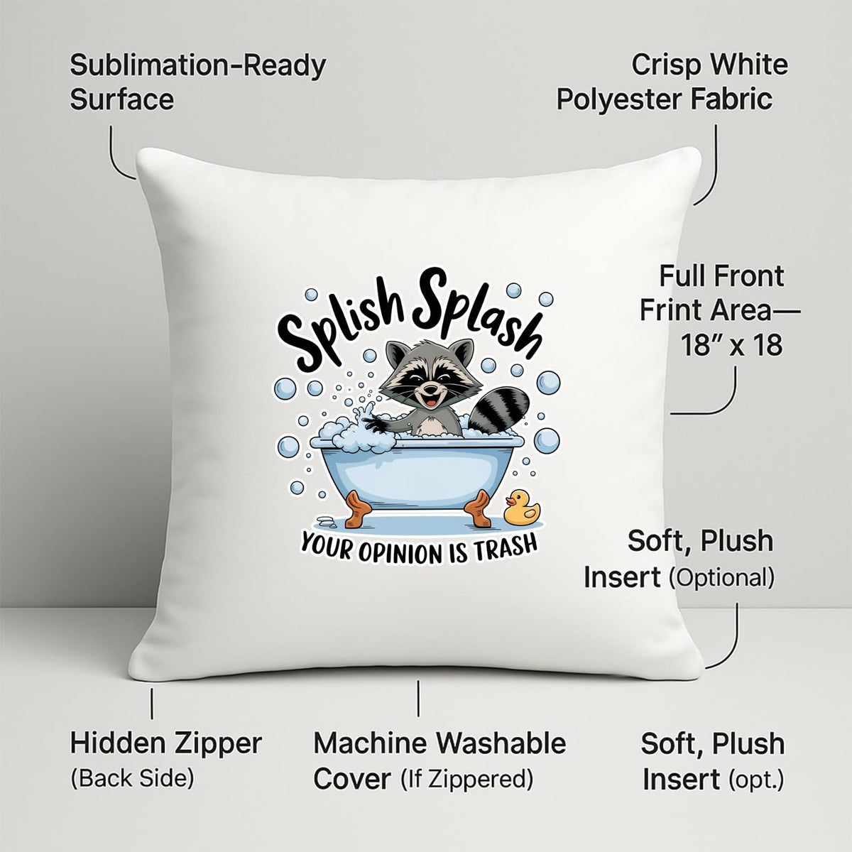 Splish Splash raccoon cushion with labels for 18 x 18 inch print area, hidden zip and washable cover