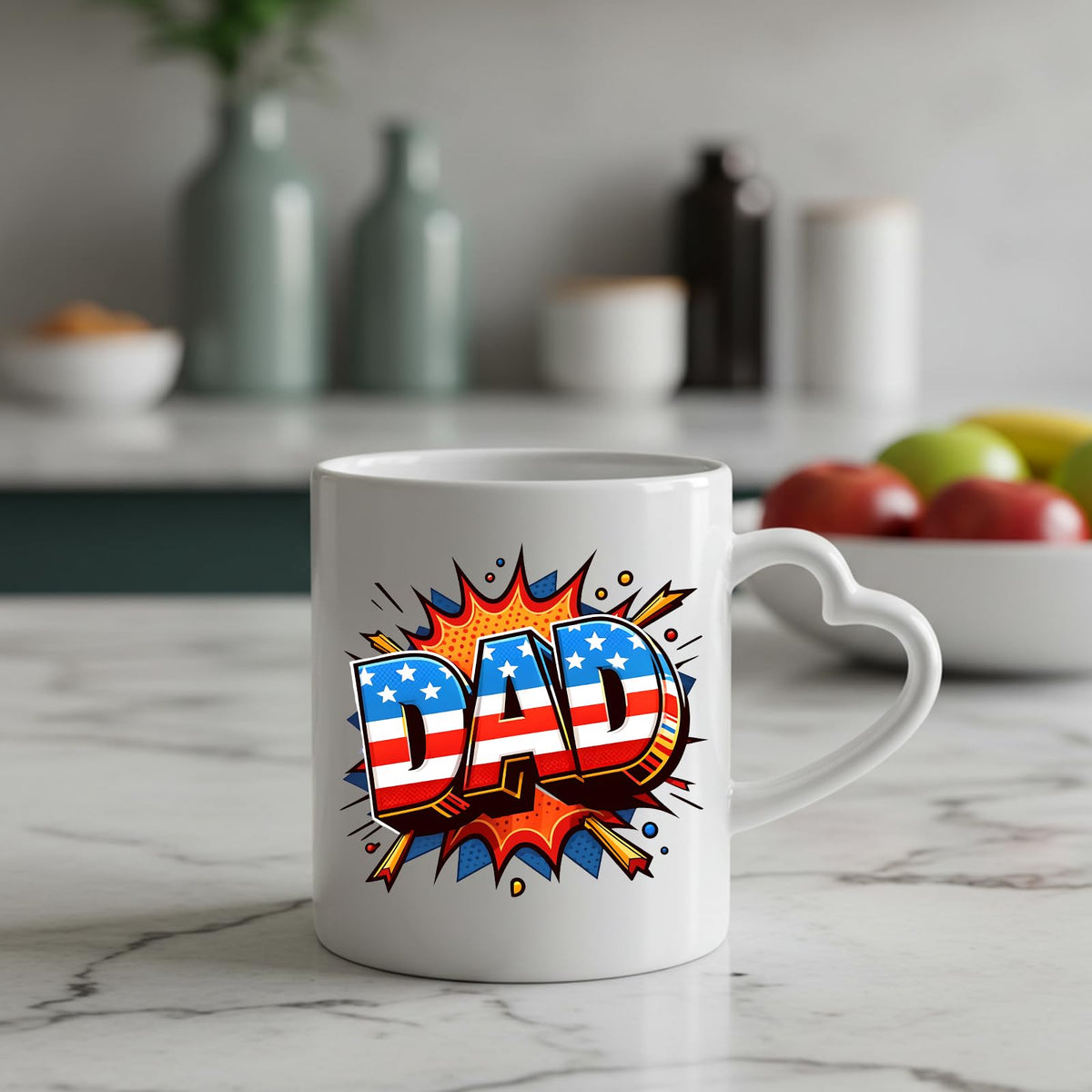 Stars and Stripes DAD heart-handle mug on a marble counter with fruit