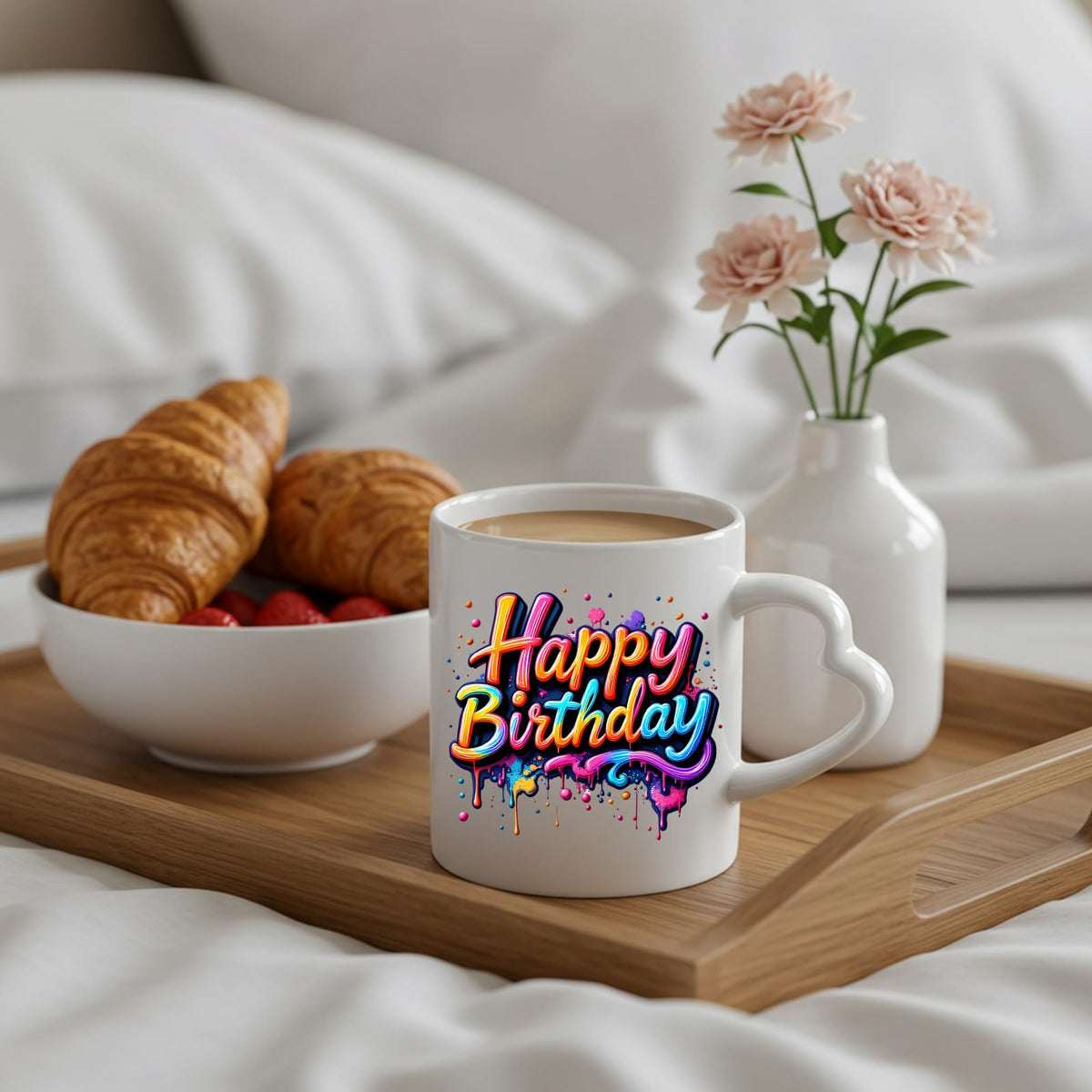 Happy Birthday rainbow drip heart-handle mug on a breakfast tray with croissants and flowers