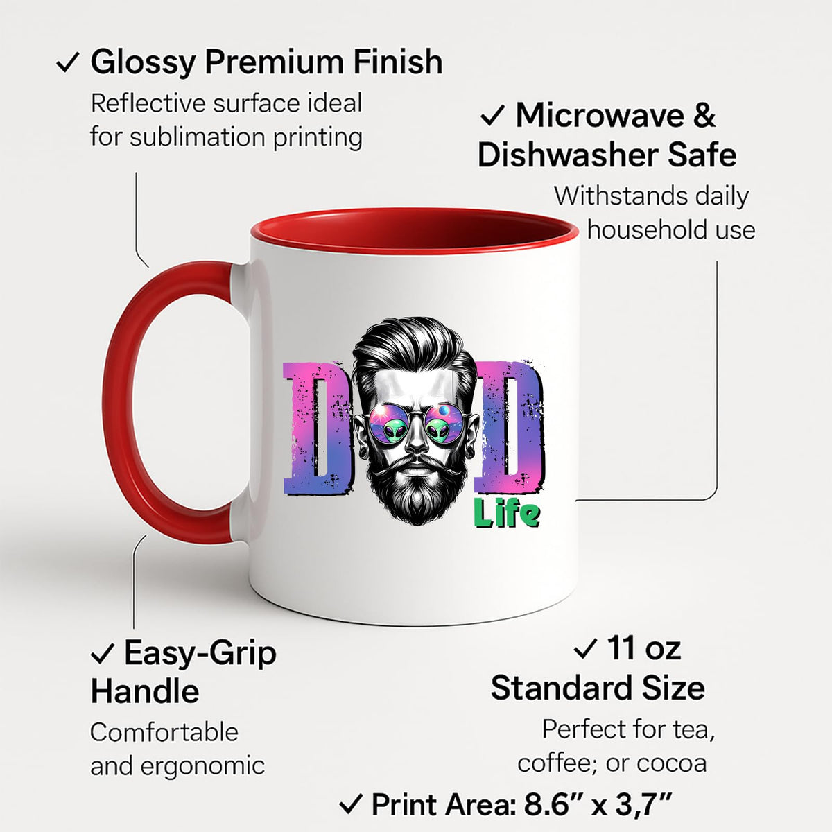 Colour handle mug with labels for 11oz size, glossy finish and easy-grip handle
