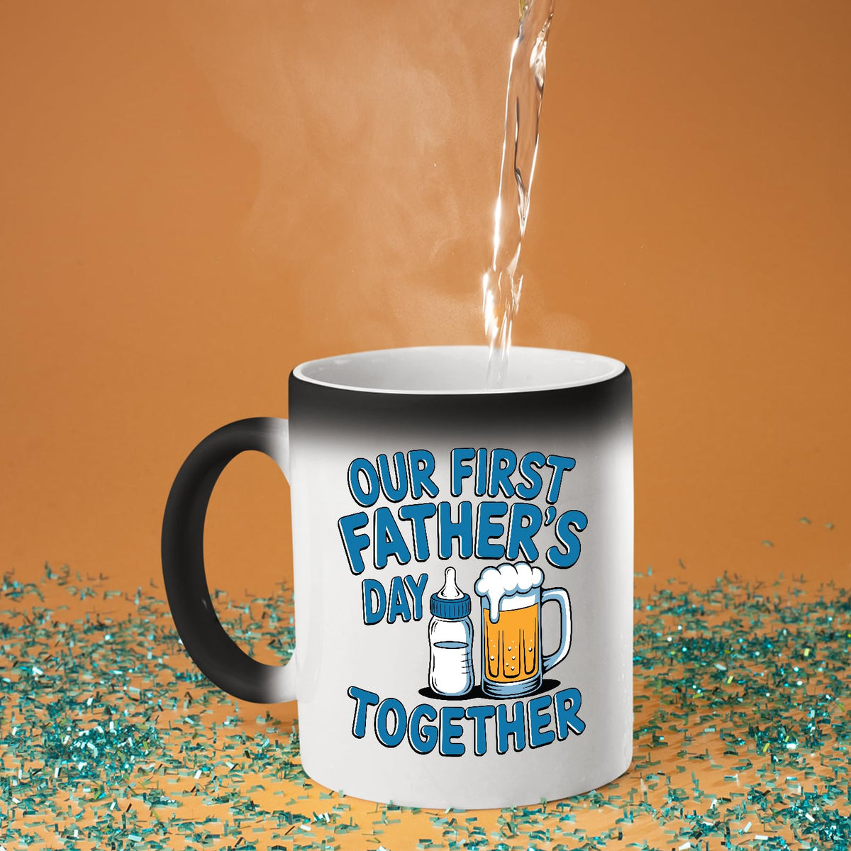 Hot water poured into the First Father’s Day bottle and beer colour changing mug as the design appears