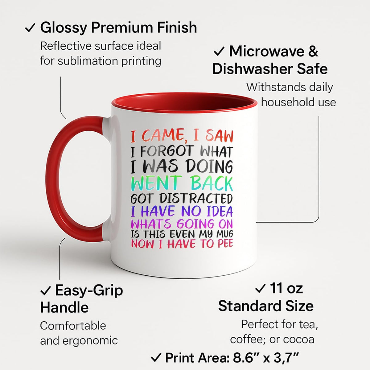 Colour handle mug with labels for 11oz size, glossy finish and easy-grip handle