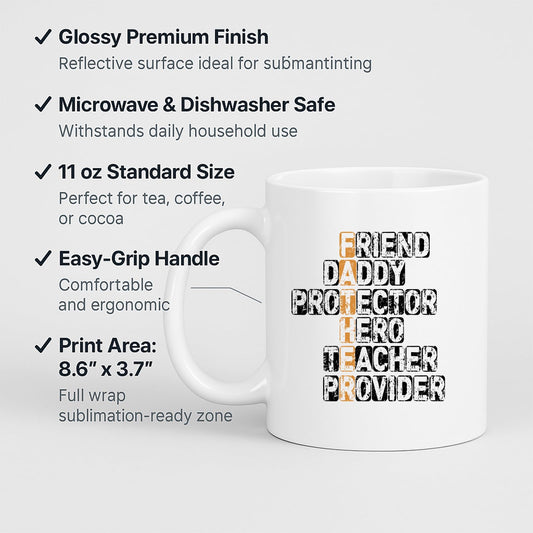 White mug with labels for 11oz size, glossy finish, easy-grip handle and print area