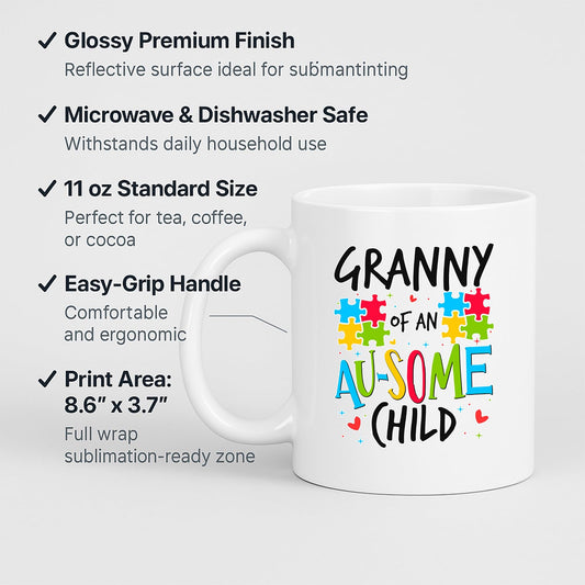 White mug with labels for 11oz size, glossy finish, easy-grip handle and print area