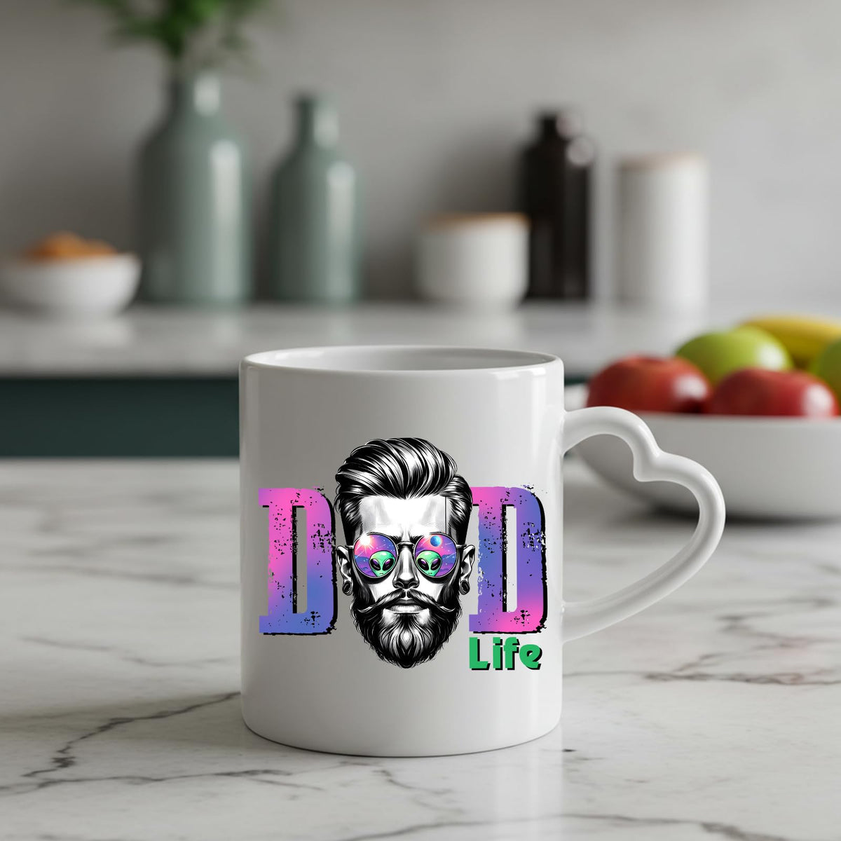 Dad Life bearded dad heart-handle mug on a marble counter with fruit