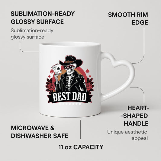 Heart-handle mug with labels for 11oz capacity, glossy surface and heart-shaped handle