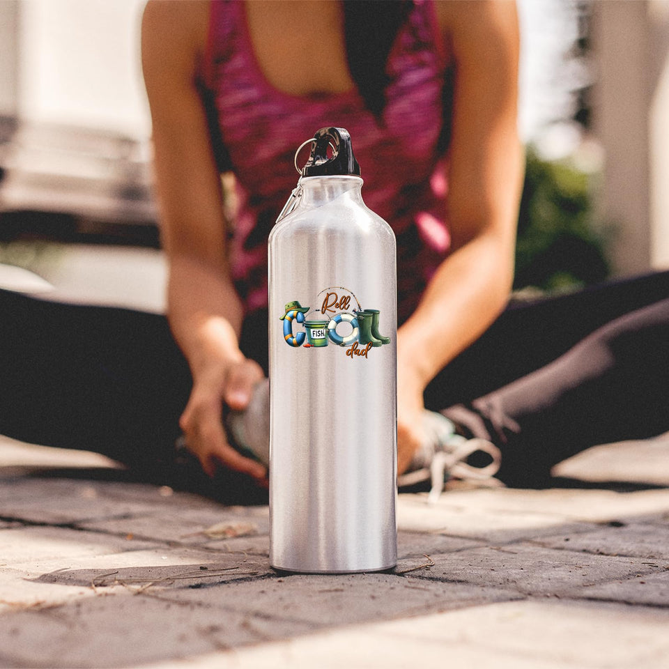 Reel Cool Dad water bottle on the ground as a woman stretches