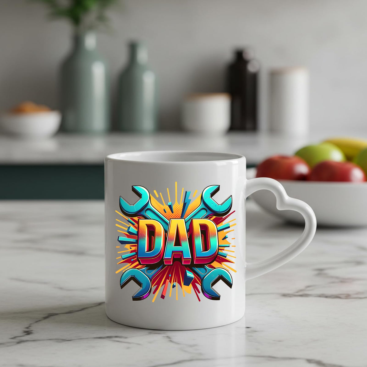 DAD spanners heart-handle mug on a marble counter with fruit