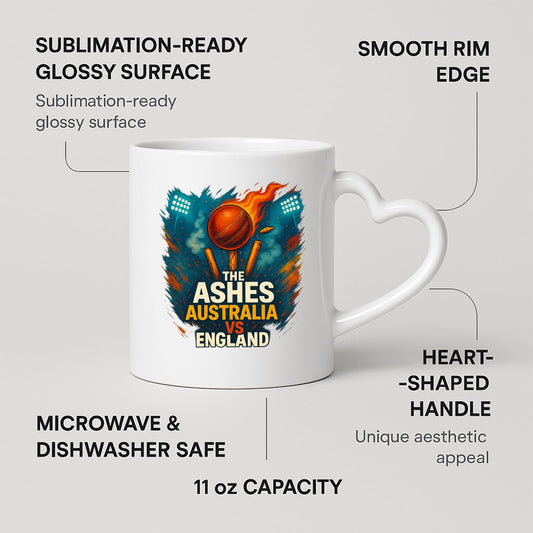 Ashes heart-handle mug with labels for the heart-shaped handle and 11oz capacity