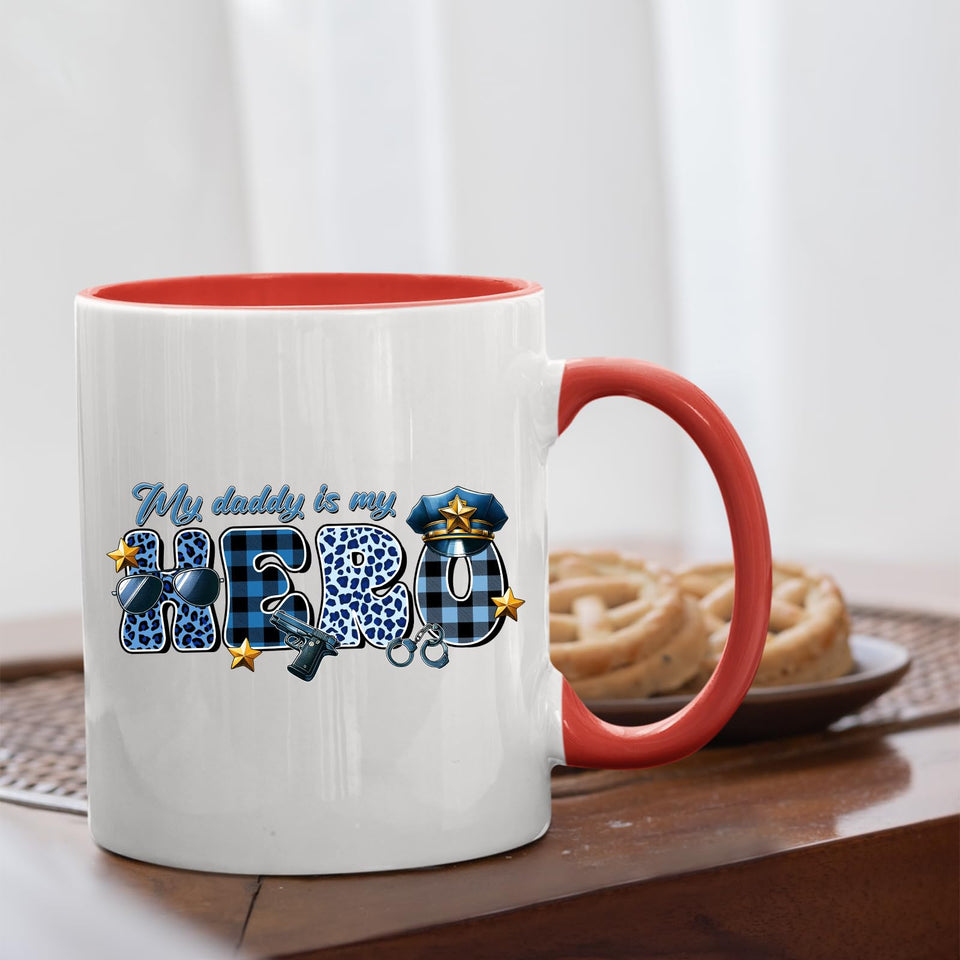 My Daddy Is My Hero police mug with a red handle beside biscuits