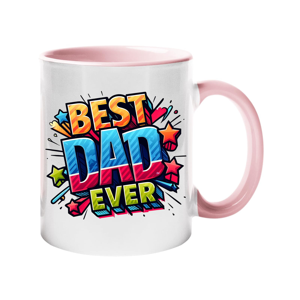 Colour handle mug with “Best Dad Ever” in bold comic-book lettering with stars – light pink handle and inside