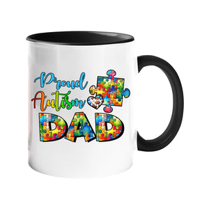 Colour handle mug with “Proud Autism Dad” with letters filled with colourful puzzle pieces – black handle and inside