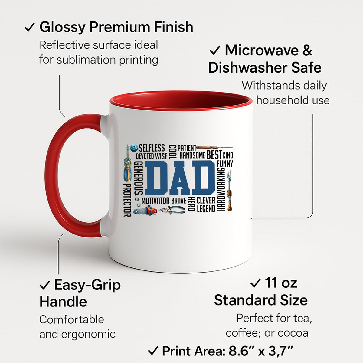 Colour handle mug with labels for 11oz size, glossy finish and easy-grip handle