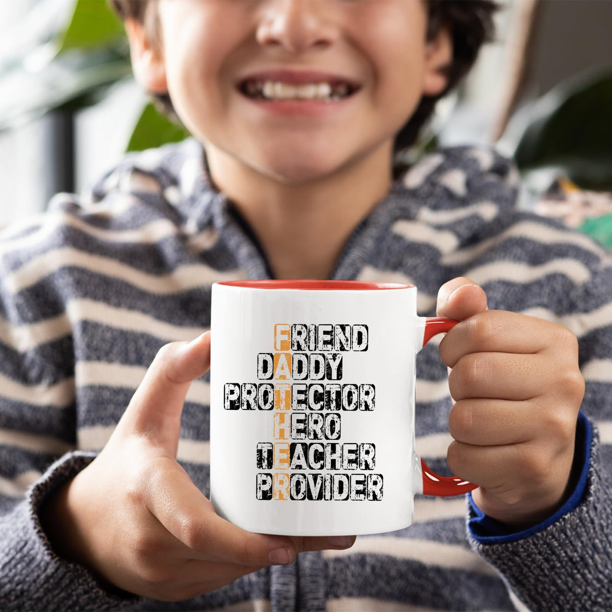 Smiling child holding the FATHER acrostic mug with a red handle
