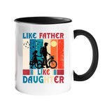Colour handle mug with a dad and daughter with a bike in silhouette over retro stripes and “Like father, like daughter” – black handle and inside