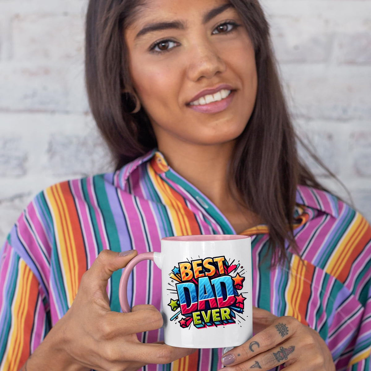 Woman in a striped shirt holding the Best Dad Ever comic colour handle mug
