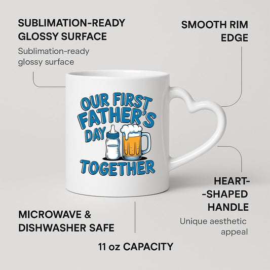 Heart-handle mug with labels for 11oz capacity, glossy surface and heart-shaped handle