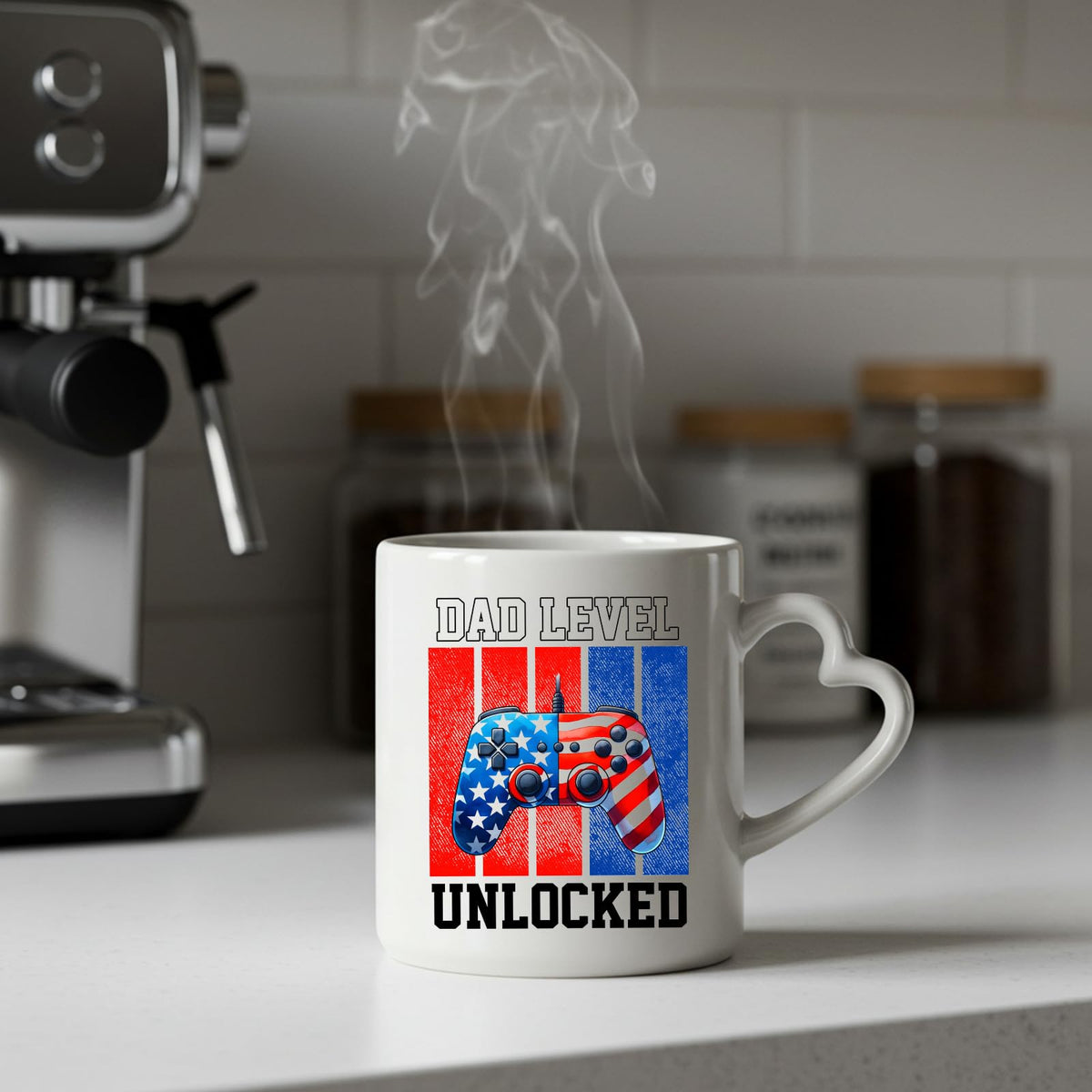 Steaming Dad Level Unlocked heart-handle mug on a kitchen counter