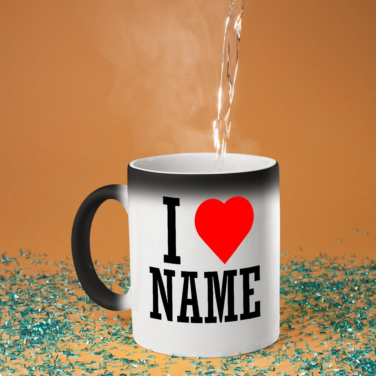 Hot water poured into the colour changing mug as I love name appears
