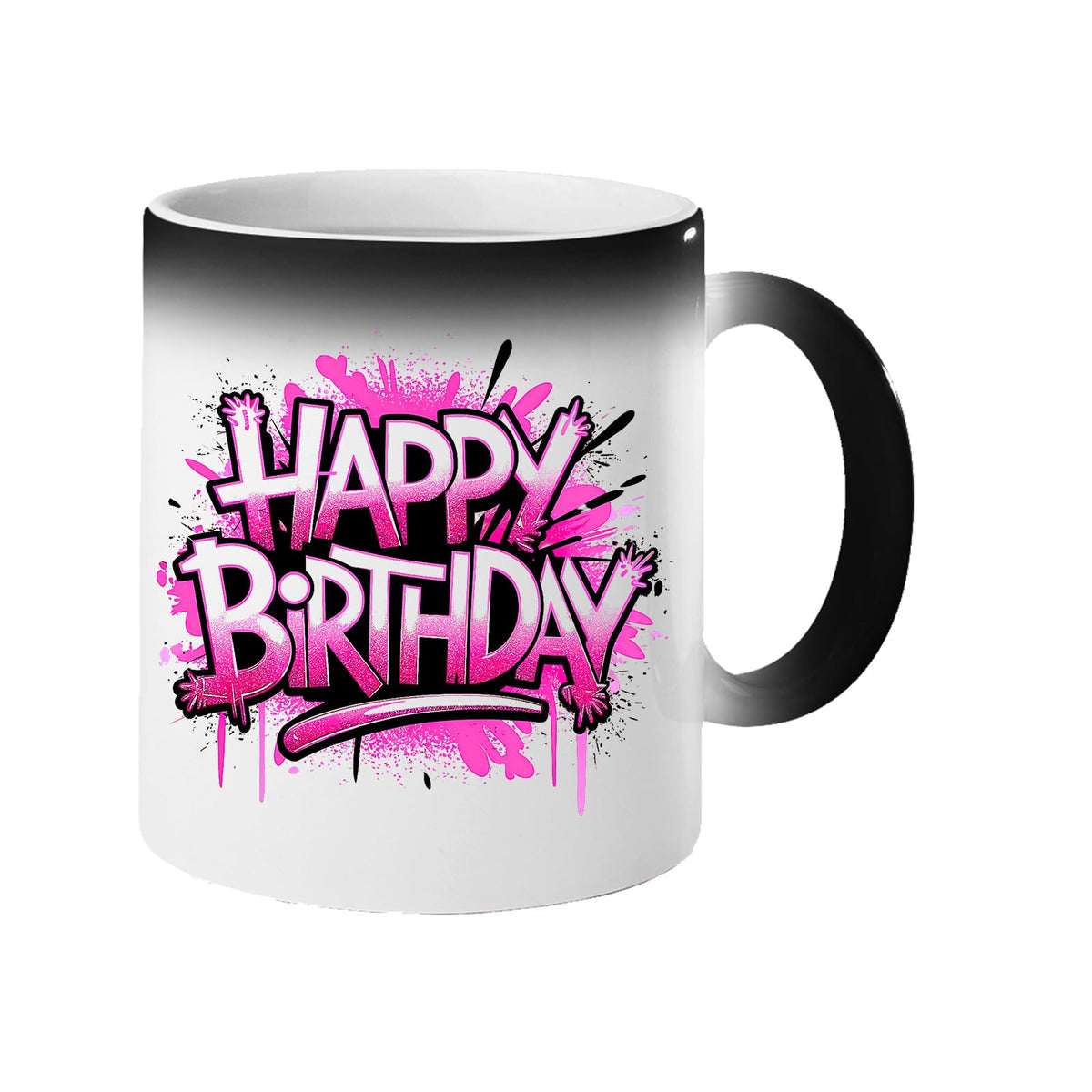 Colour changing mug revealing “Happy Birthday” in pink graffiti lettering with paint splatter