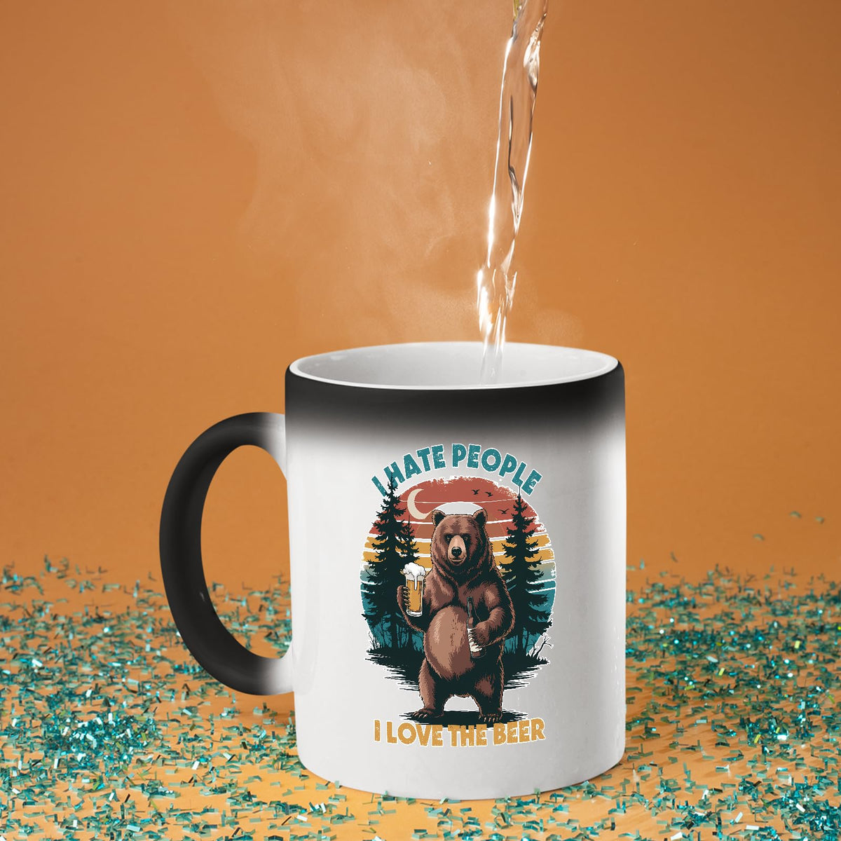 Hot water poured into the beer-loving bear colour changing mug as the design appears