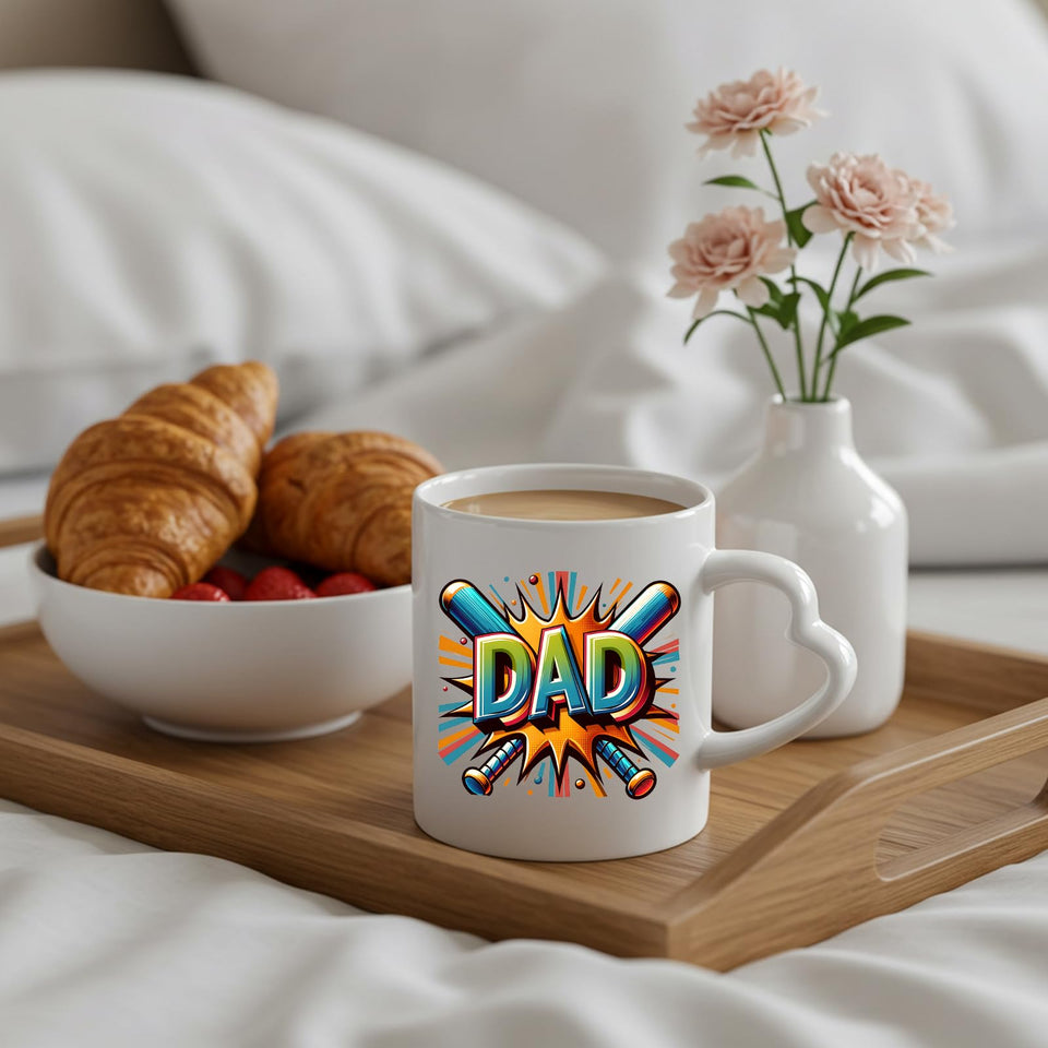 DAD baseball bats heart-handle mug on a breakfast tray with croissants and flowers
