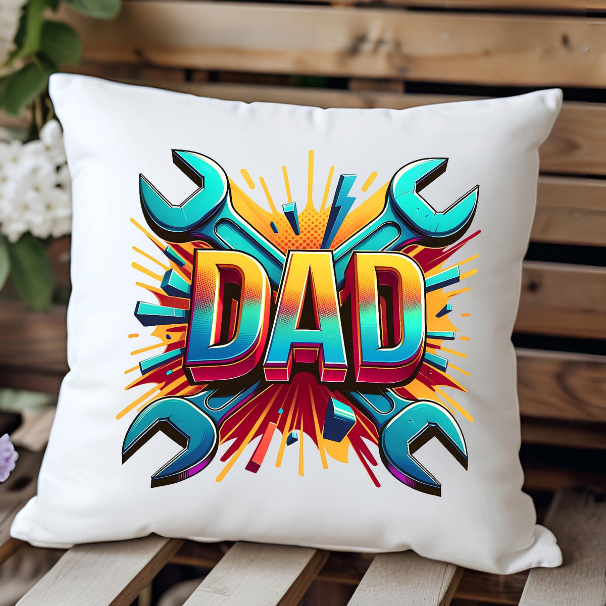 DAD spanners cushion on a wooden bench
