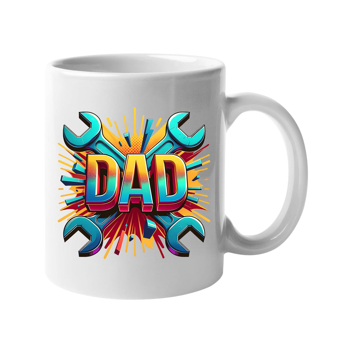White mug with a comic-style “DAD” on a burst of crossed spanners