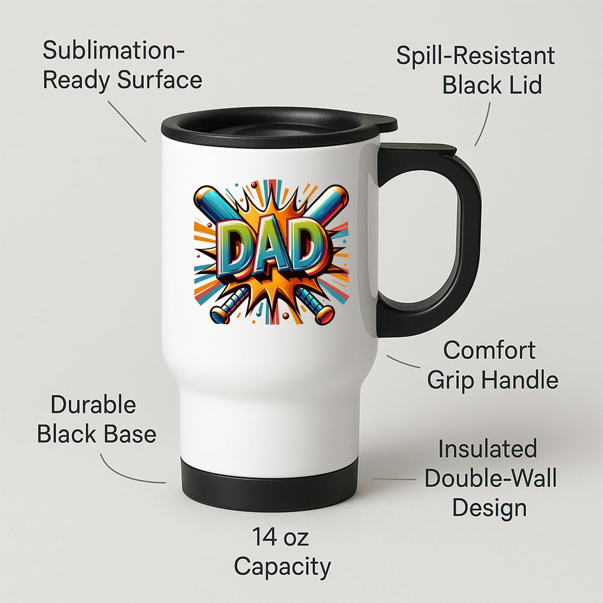 Travel mug with labels for spill-resistant lid, insulated double wall and 14oz capacity