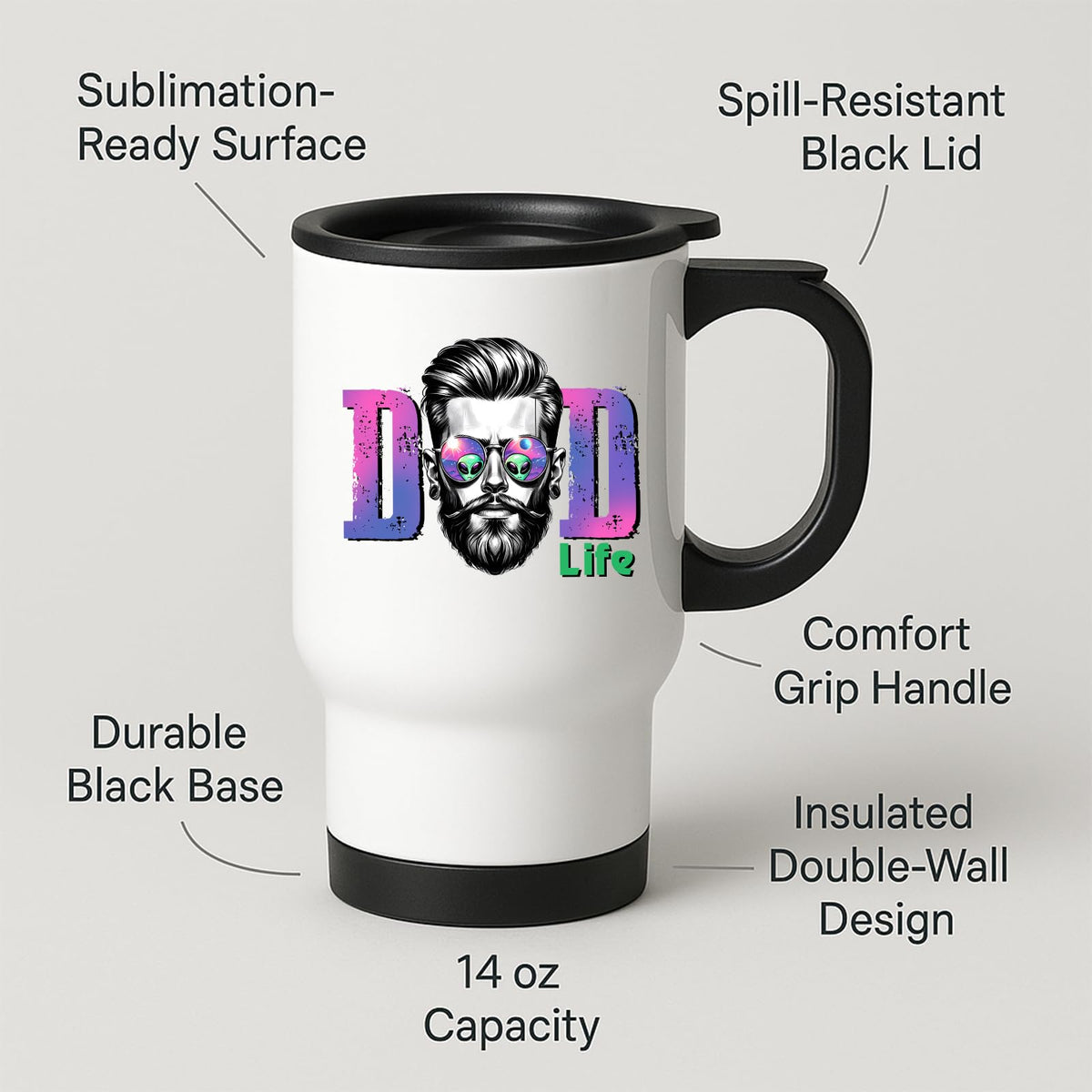 Travel mug with labels for spill-resistant lid, insulated double wall and 14oz capacity