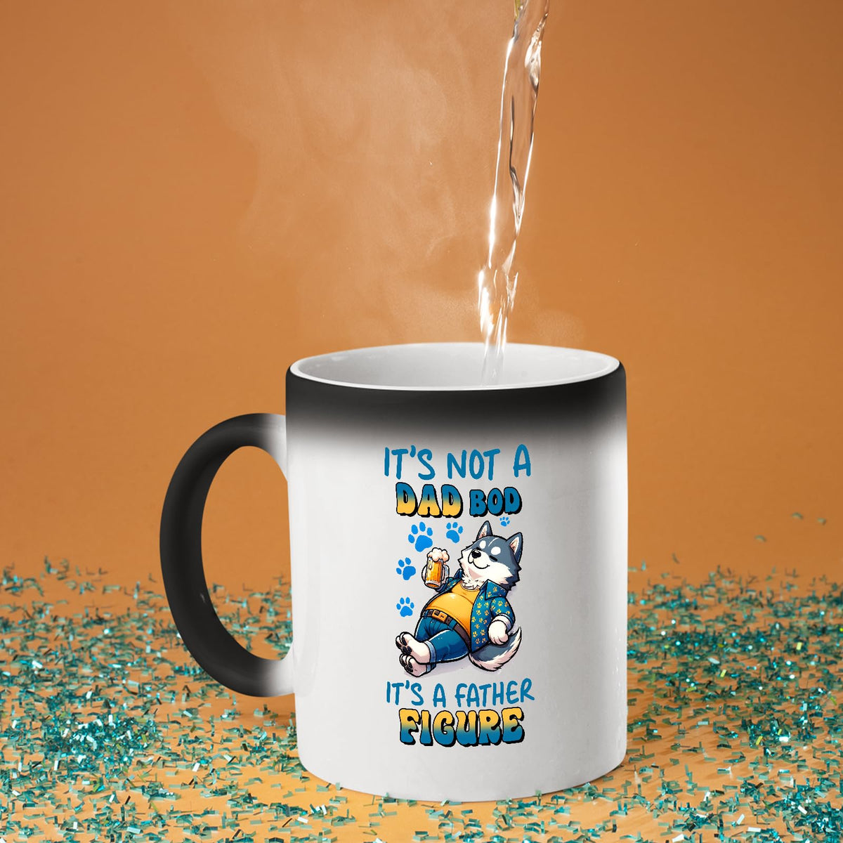 Hot water poured into the Dad Bod husky colour changing mug as the design appears