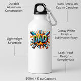 White water bottle with labels for aluminium body, screw-on cap with carabiner and leak-proof design