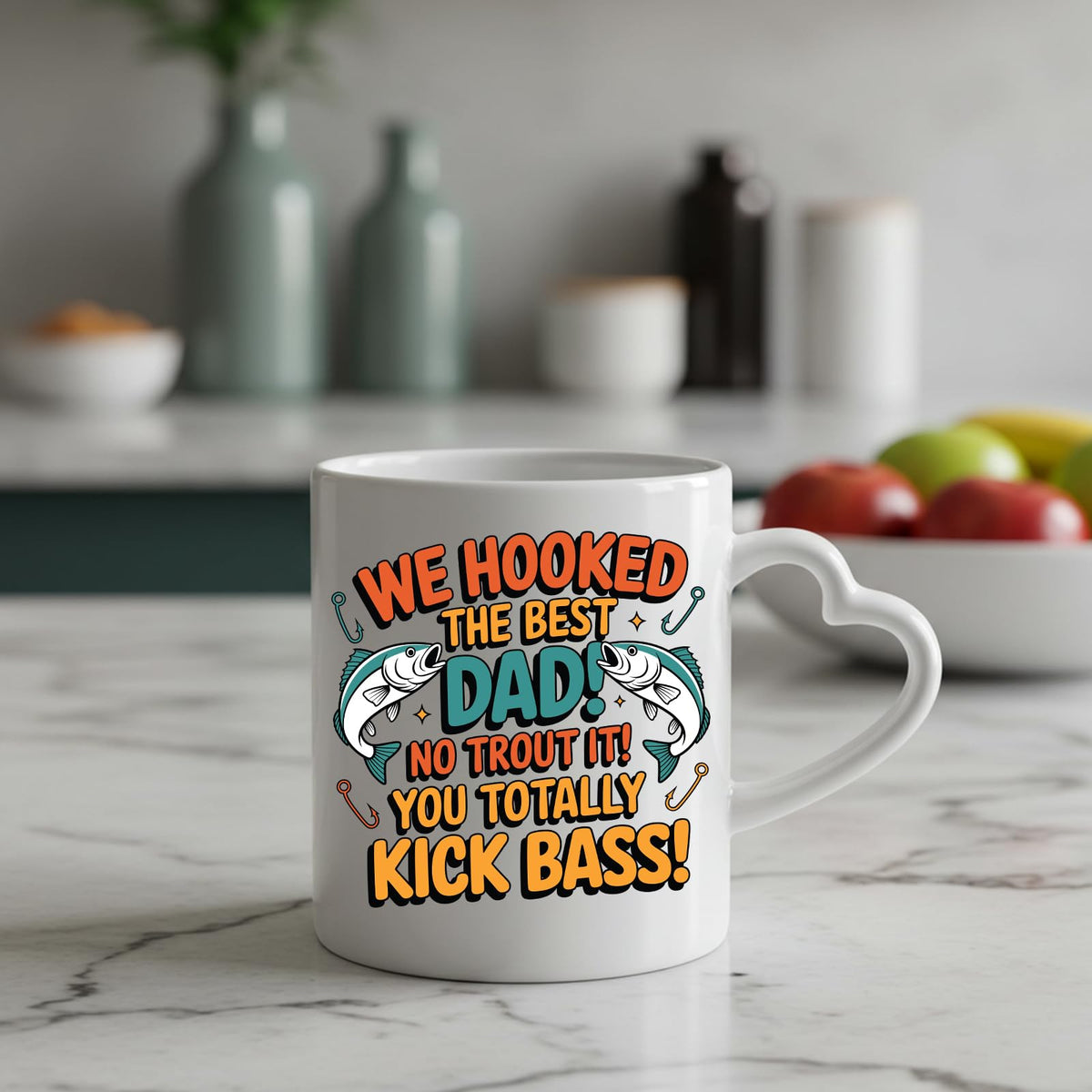 We Hooked the Best Dad heart-handle mug on a marble counter with fruit