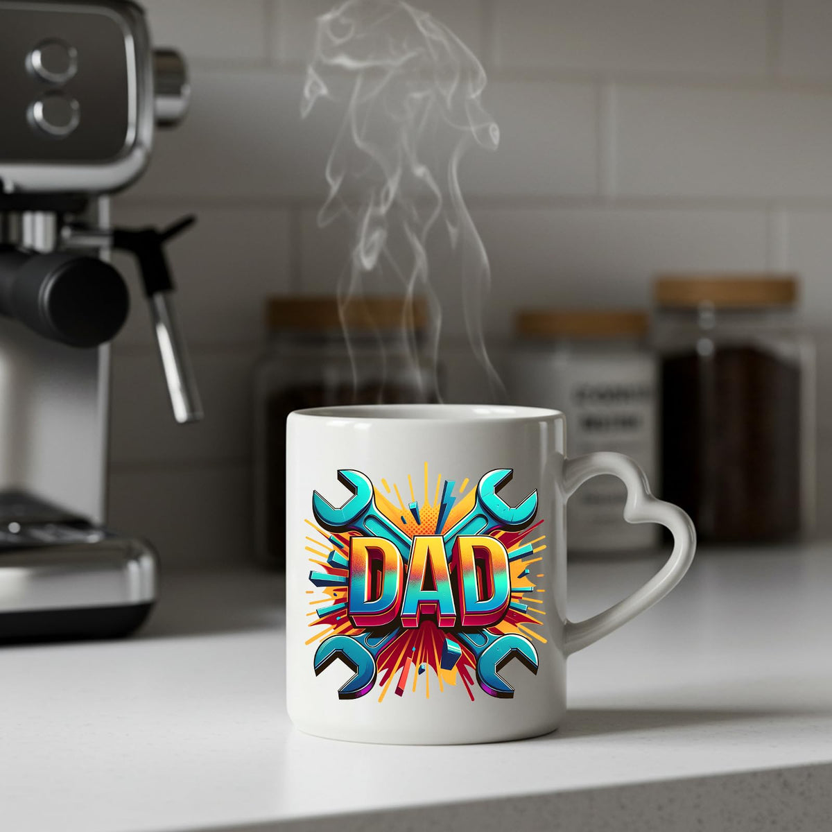 Steaming DAD spanners heart-handle mug on a kitchen counter