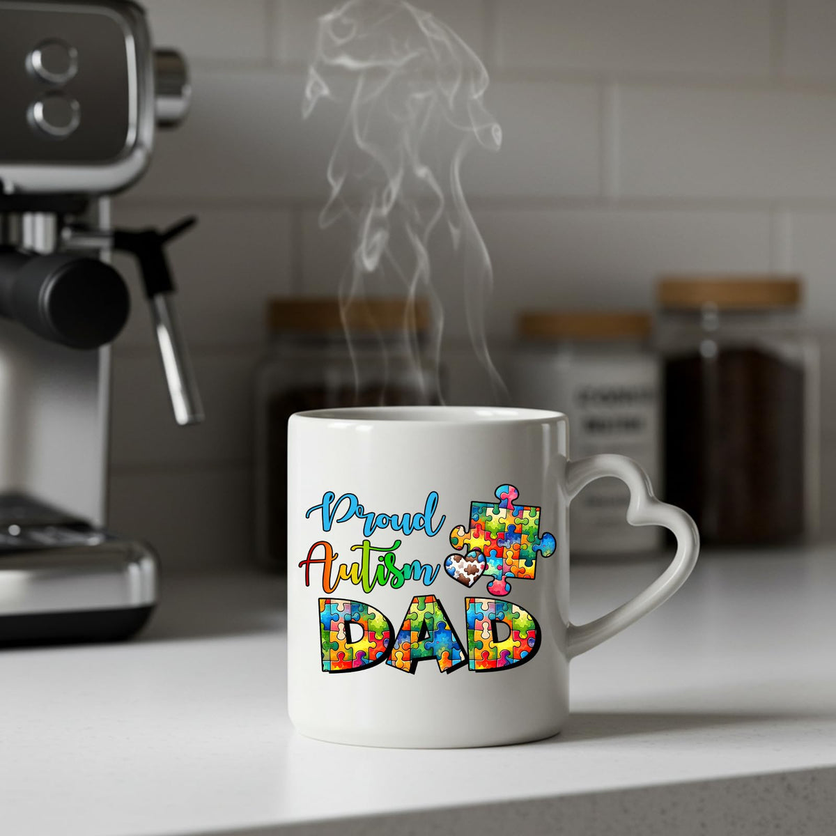 Steaming Proud Autism Dad heart-handle mug on a kitchen counter