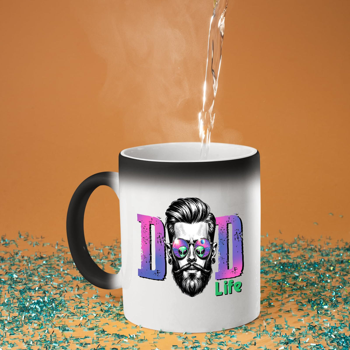 Hot water poured into the Dad Life bearded dad colour changing mug as the design appears