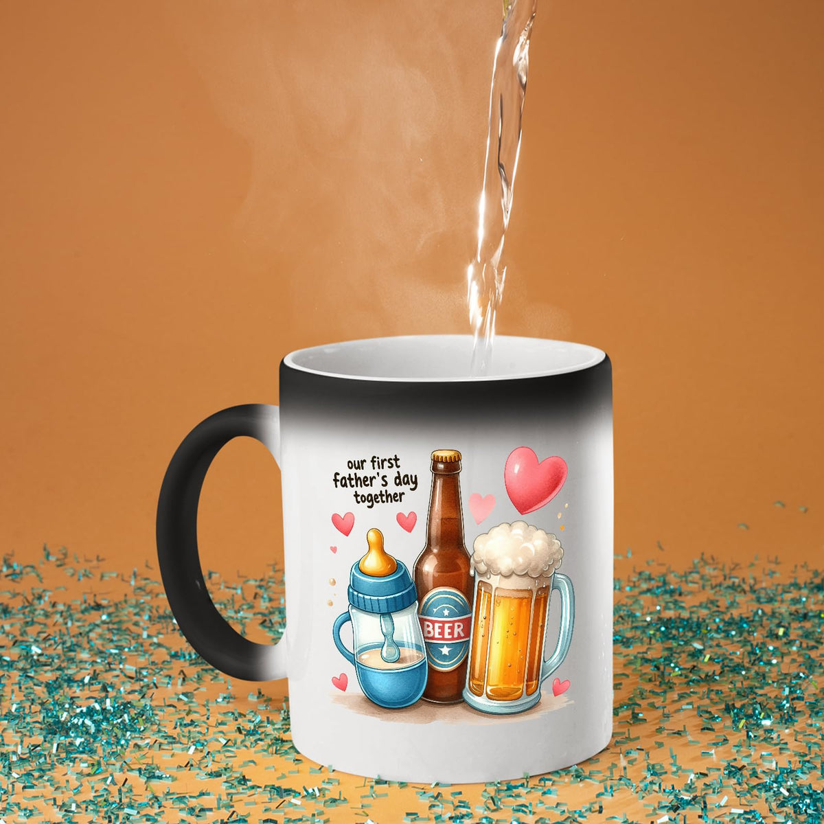 Hot water poured into the First Father’s Day hearts colour changing mug as the design appears