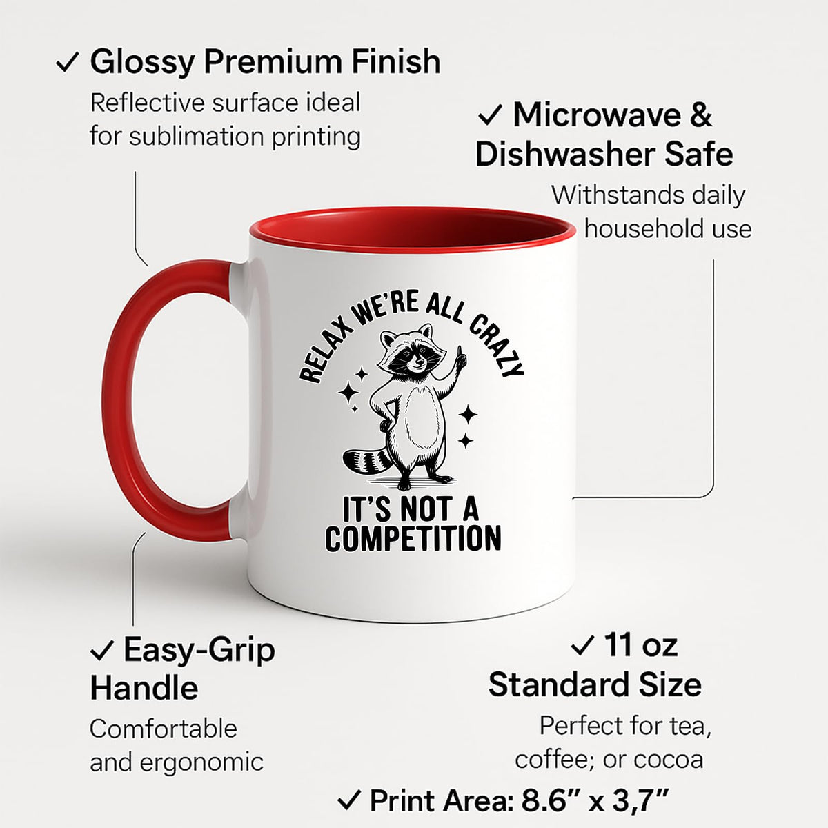 Colour handle mug with labels for 11oz size, glossy finish and easy-grip handle